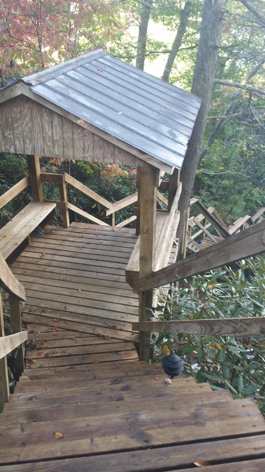 Metal roofed shelter over wooden steps on a wooded walkway — Skylight Repair & Installation work by our crew in Blackstone
